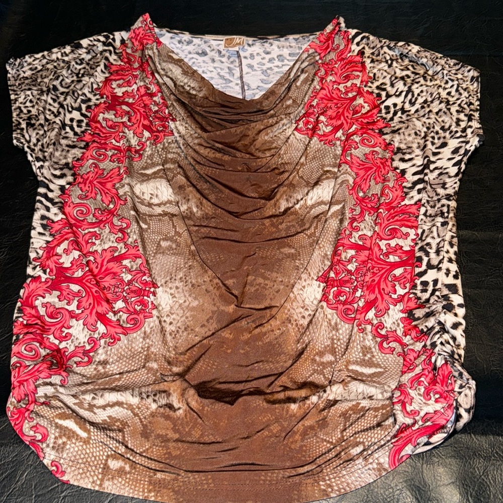 Top by JM Collection, EUC, size PXL, Brown & Red, Cowl Neck, Animal Print (CL)